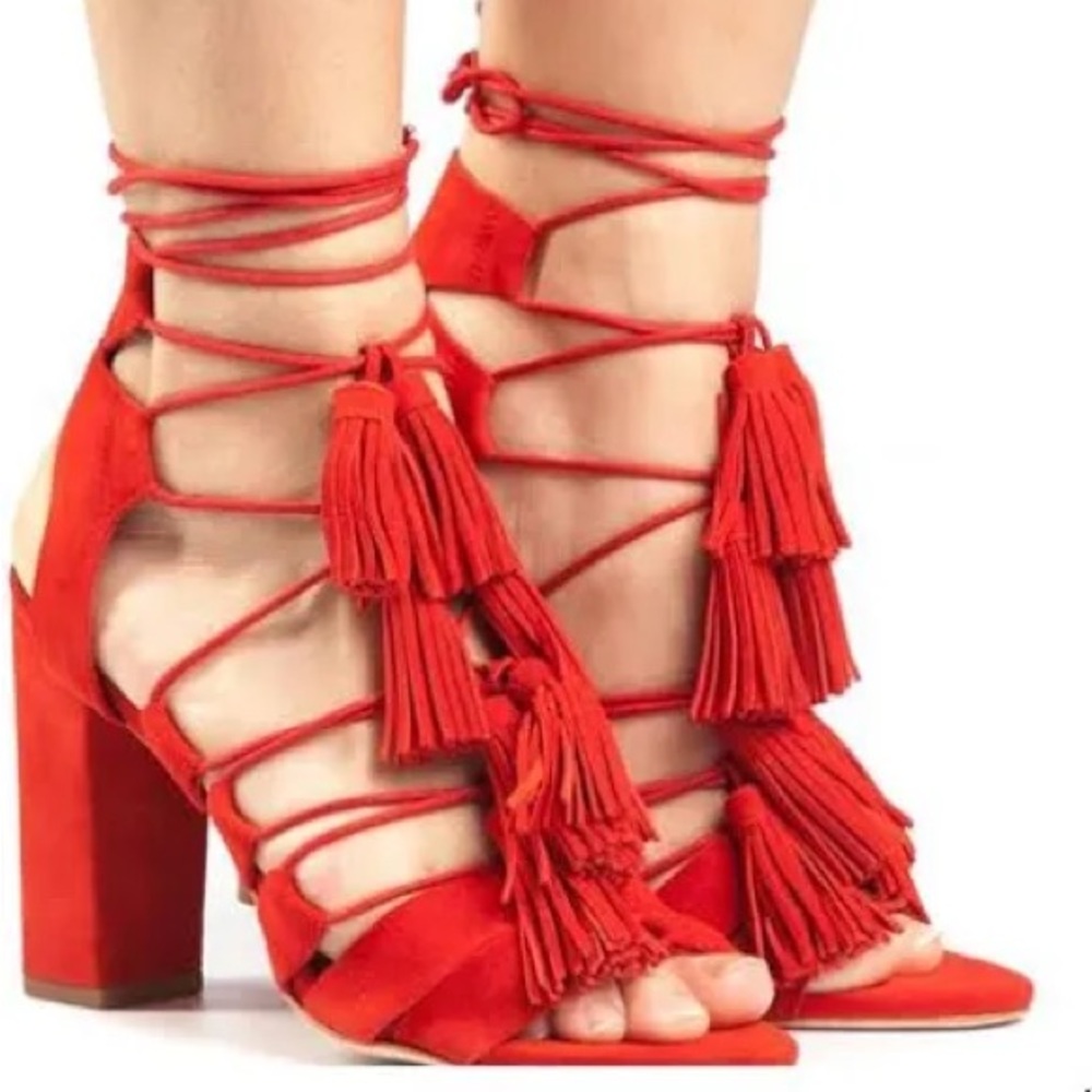 Loeffler Randall Red Suede Luz Lace-Up Tassel Sandal Size 7